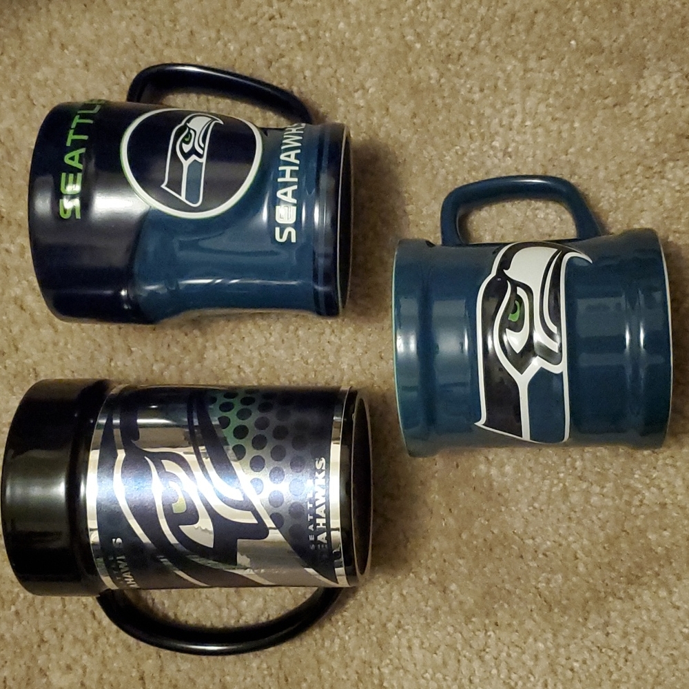Seattle Seahawks green and silver ceramic mugs lot multiple sizes